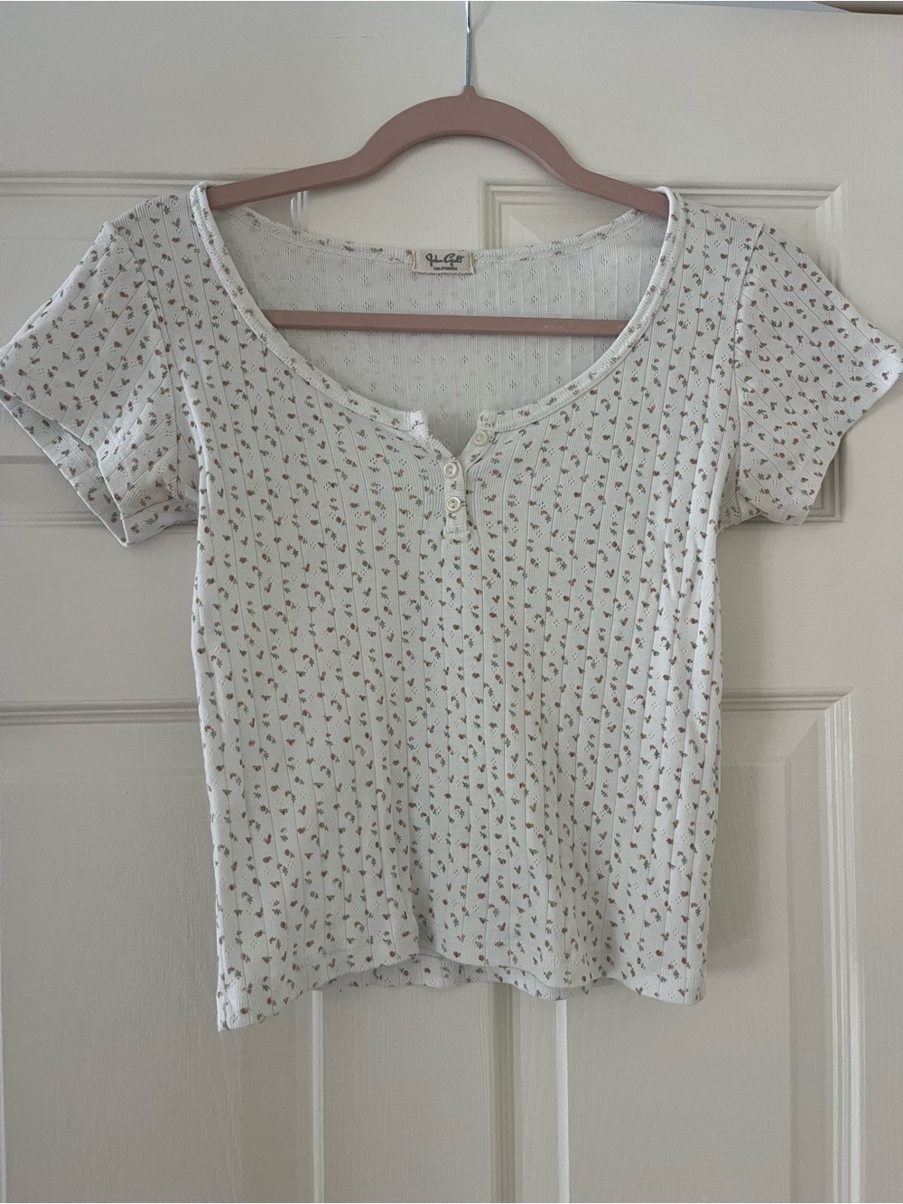 Brandy Melville Light Cream Floral Ribbed Henley Tee